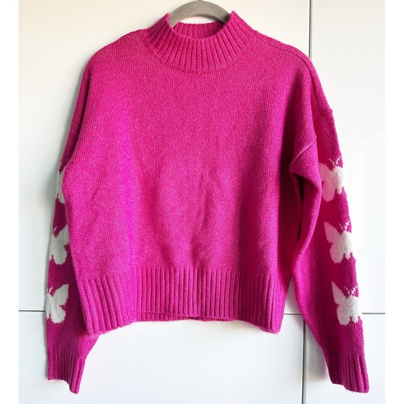Ultra Flirt Butterfly Sweater Pink White Butterflies Size Small Knit Mock Neck - Picture 1 of 6